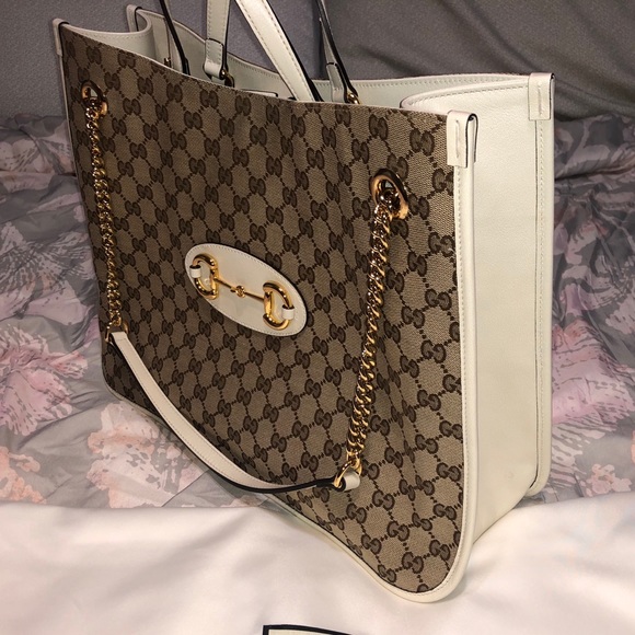 NWT Gucci Horsebit 1955 Large Tote Bag White Leather and Signature Canvas - Picture 8 of 15